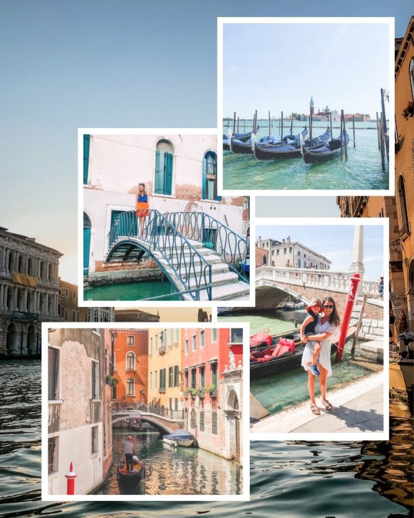 A collage of photos from Venice, showing gondolas on the Grand Canal, gondolas on the canal, a tourist walking across a bridge in Venice and a mother holding a child in front of a gondola on the grand Canal.