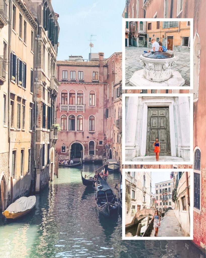 A collage of family photos taken around Venice in Italy. Showing the canals, bridges and piazzas. The buildings are old, terracotta coloured and crumbling. It is sunny and warm.