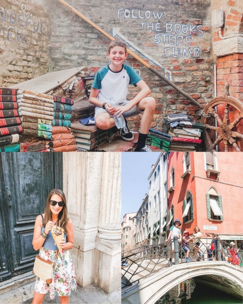 A collage of family photos from an adventure to Venice, Italy. Once photo shows three little boys posing on a bridge over the canal. One photo is a woman in a sundress eating a bubble waffle ice cream cone. Another photo shows a boy posing on the staircase of books at the bookshop Libreria Acqua Alta in the Castello District. The sun is shining and everyone looks happy