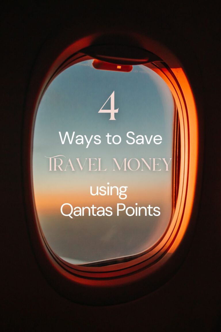 A view out of the airplane window with text reading 4 Ways to Save Travel Money using Qantas Points