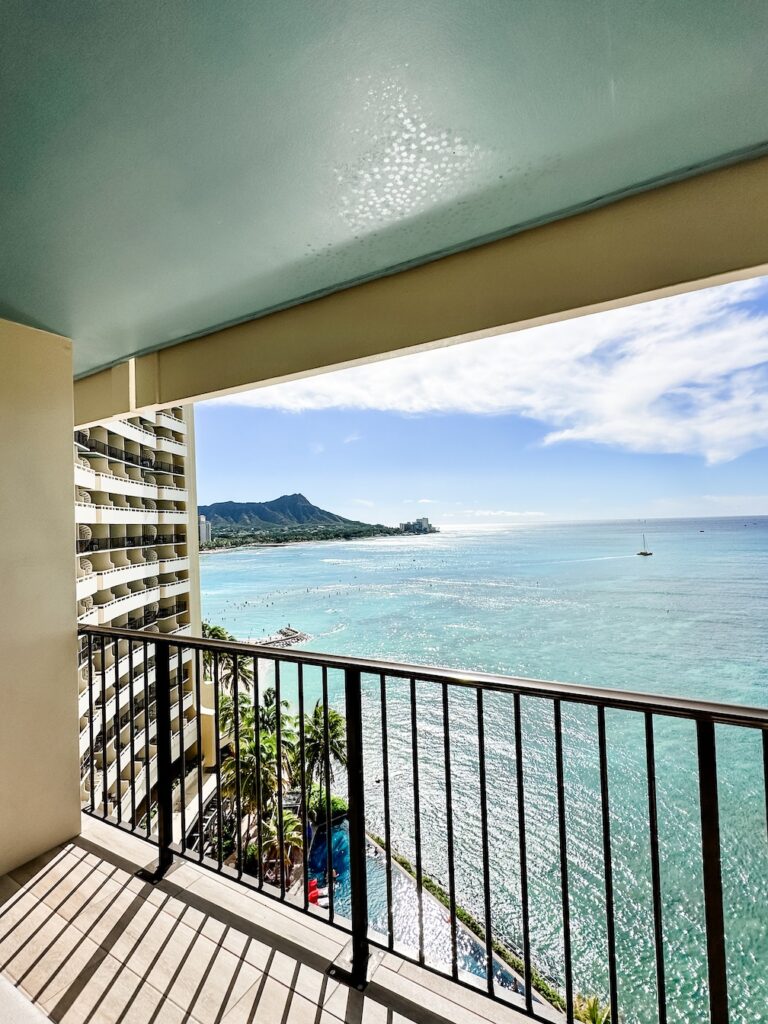 A view of diamond head crater as seen from the balcony at the Sheraton Waikiki Beach Hotel in Honolulu, Hawaii