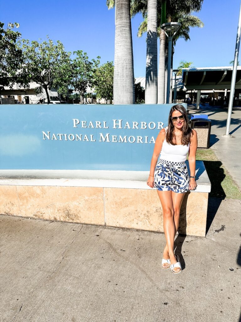 Sydney travel blogger, Bec Bowman at the entrance to the Pearl Harbour National Memorial in Honolulu, Oahu, Hawaii