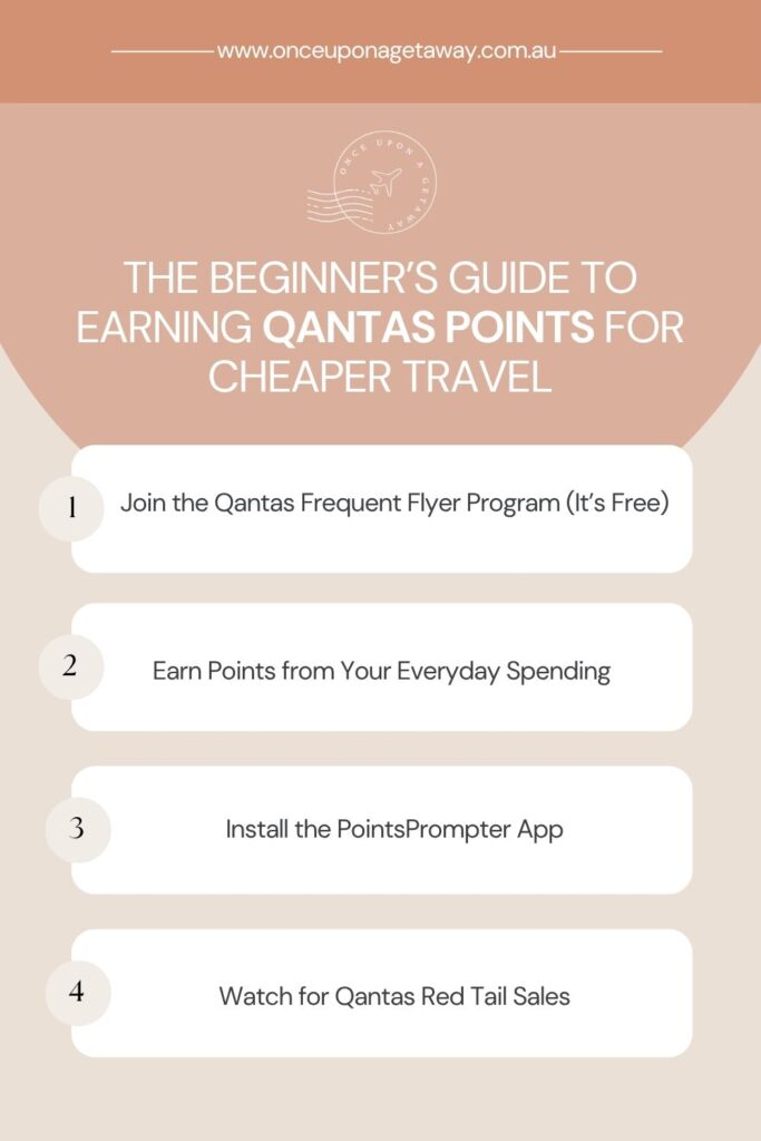 Pinterest Pin: The beginner's guide to earning Qantas points for cheaper travel by Bec Bowman, travel blogger for Once Upon a Getaway travel blog in Sydney, Australia