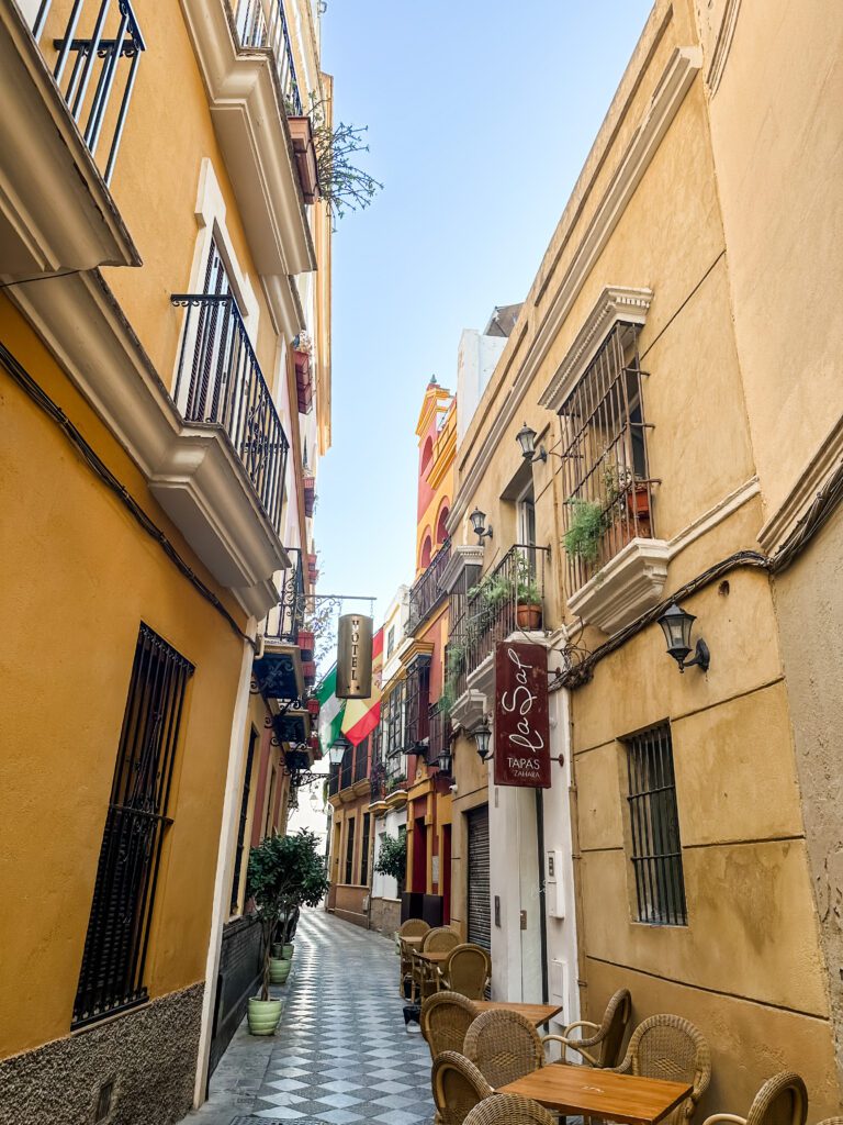 Outside Restaurante La Sal in Seville. Photo shows a narrow alleyway with a black and white tiled floor and stone buildings either side. 