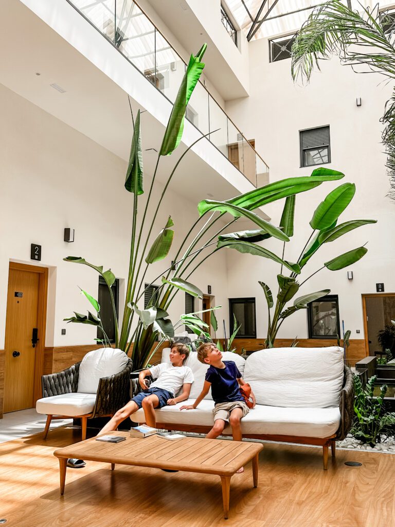 The foyer area at Guadalupe 15 by Magno Apartments in Seville. A clean, bright area with tall ceilings and bright green palms.