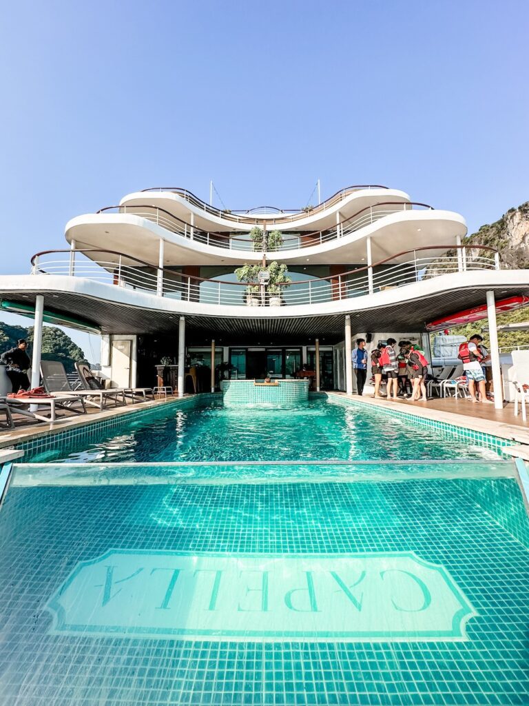 A photo from the pool area on the Capella Cruise in Ha Long Bay.