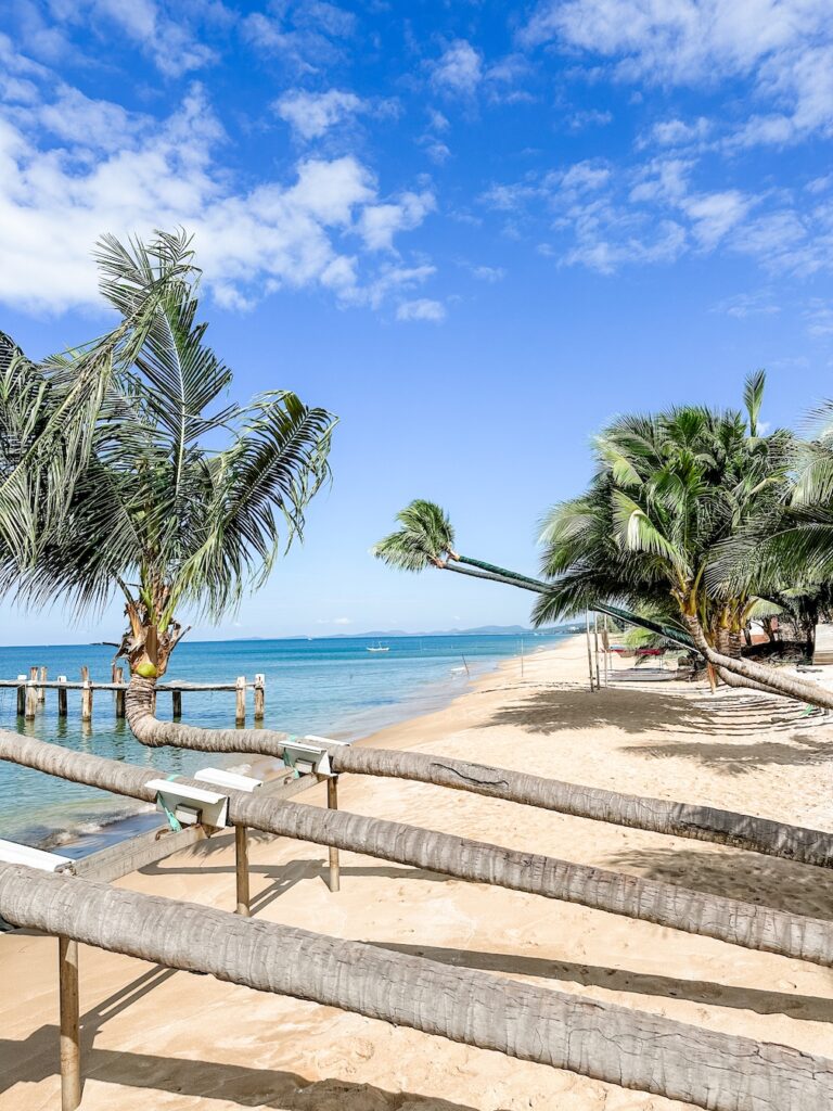 View along the beach where there are a row of leaning palm trees pointing out towards the pristine blue waters beside the Ngoc Hien Pearl Farm in Phu Quoc